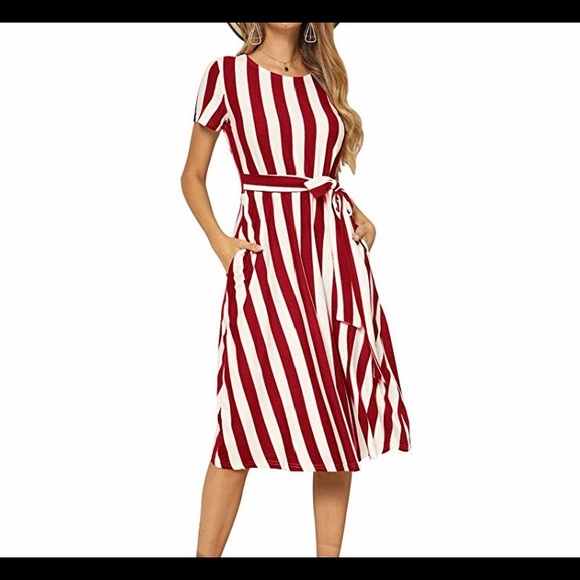 🆕Striped Flowy Midi Belt Dress with Pockets - Picture 2 of 3